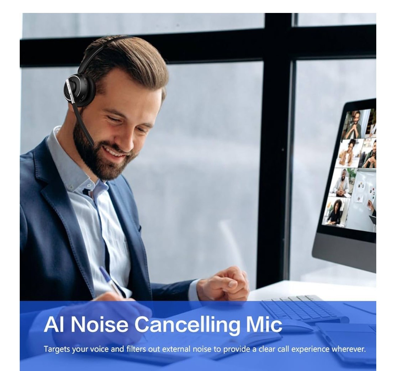 Wireless headphones with microphones for PC, V5.2 computer headphones.