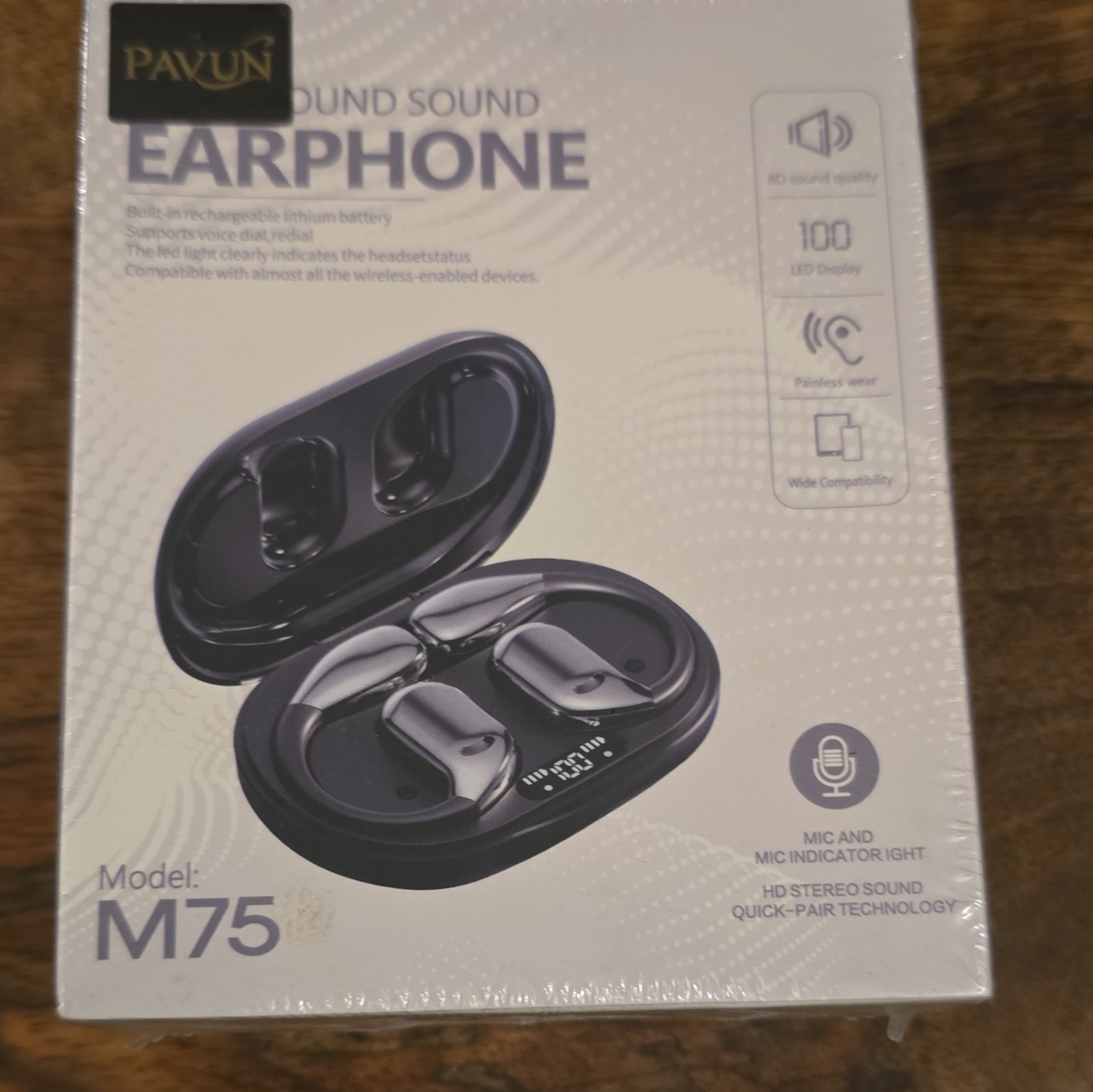 PAVUN M75 Wireless Bluetooth In-Ear Earbuds Black LED Display Built-in Mic