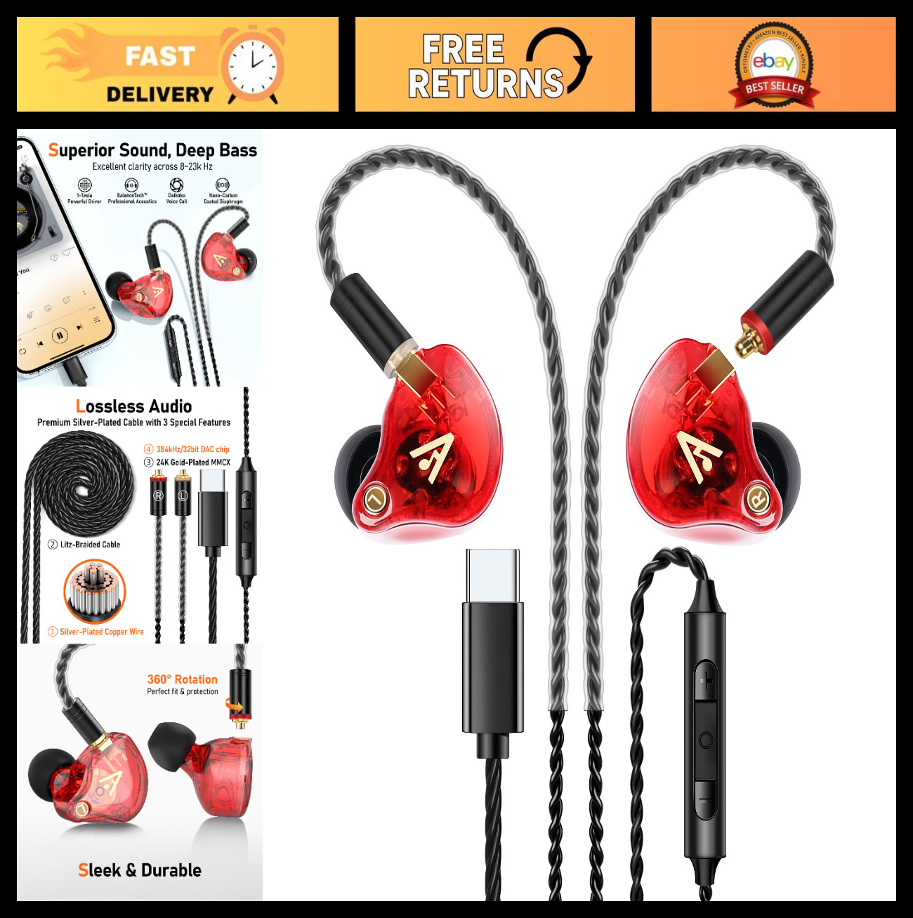 USB-C Wired Earbuds HiFi Sound Noise Isolating Earphones for iPhone 17/16/15 – D