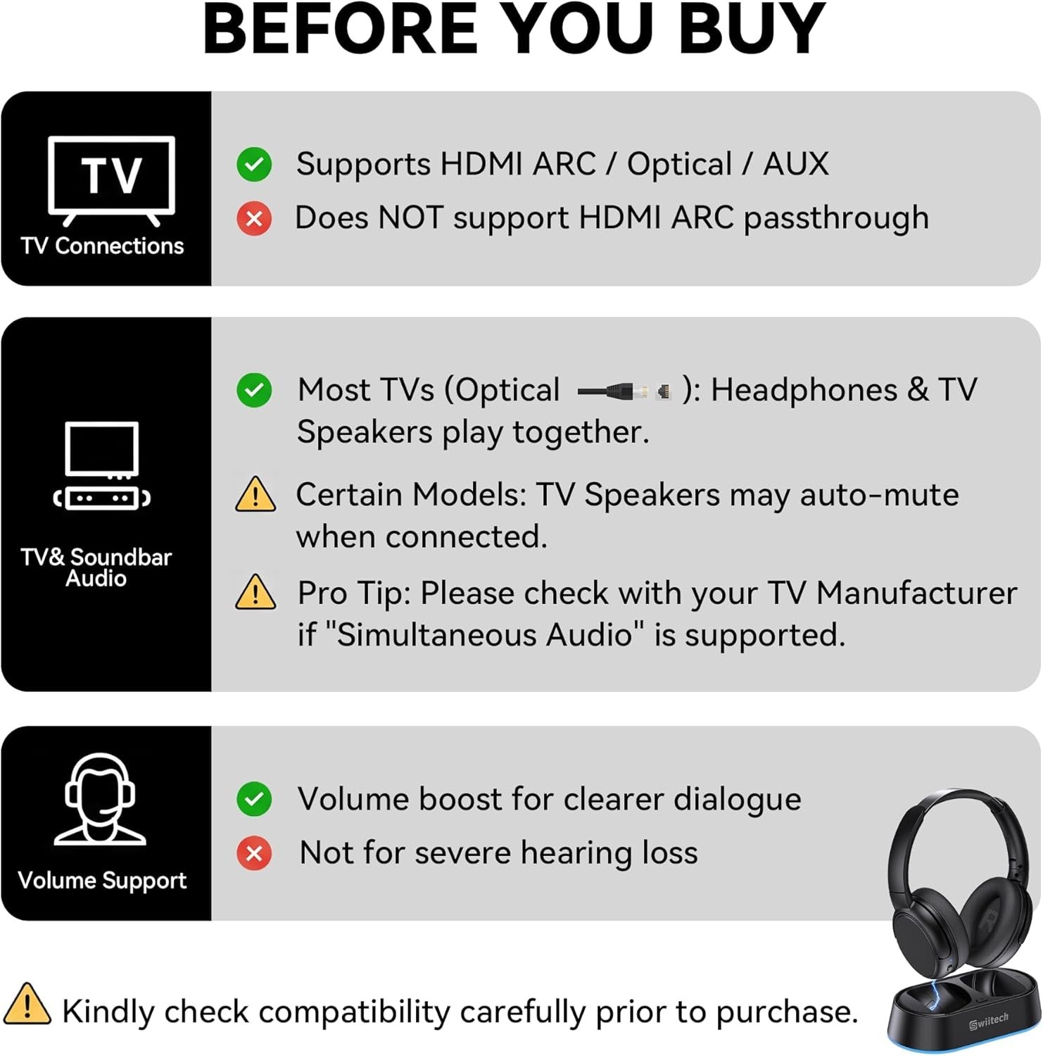 SWIITECH CH-211 BLUETOOTH WIRELESS HEADPHONES FOR TV CHARGING DOCK 45H PLAYTIME
