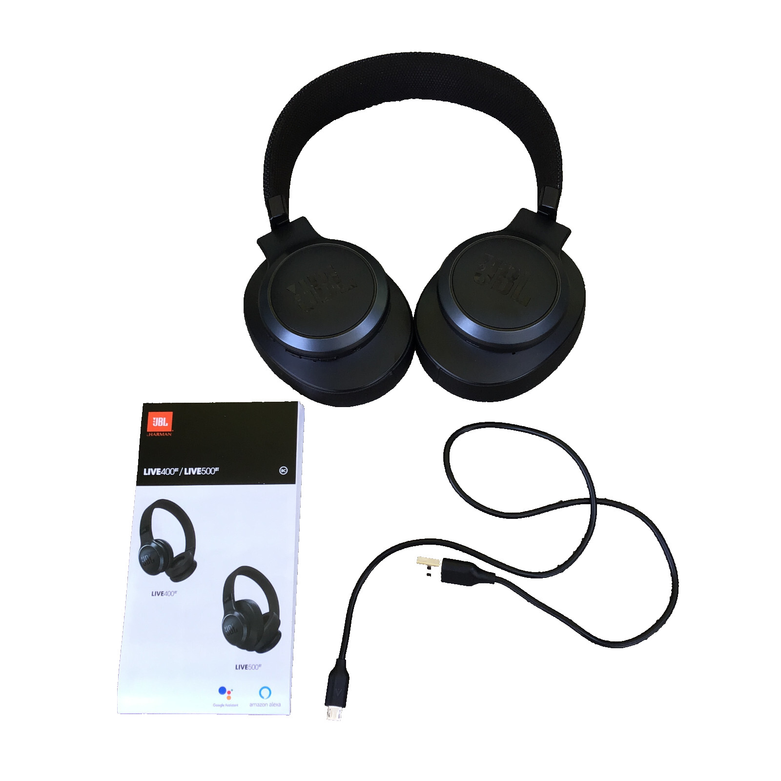 JBL Live 500BT Over-Ear Bluetooth Wireless Headphones Black Guide Charging Cable