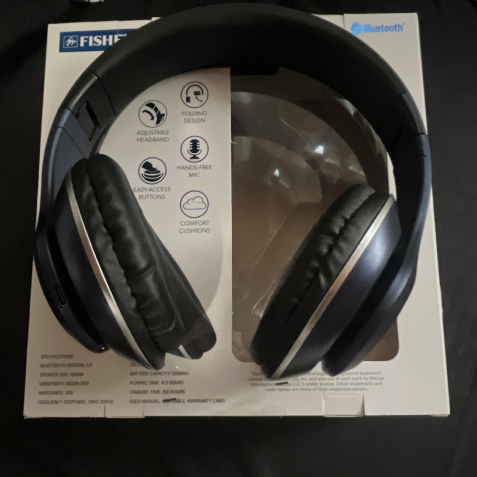 Fisher Bluetooth Over-Ear Folding Headphones w/ Built-In Mic, Black 40mm