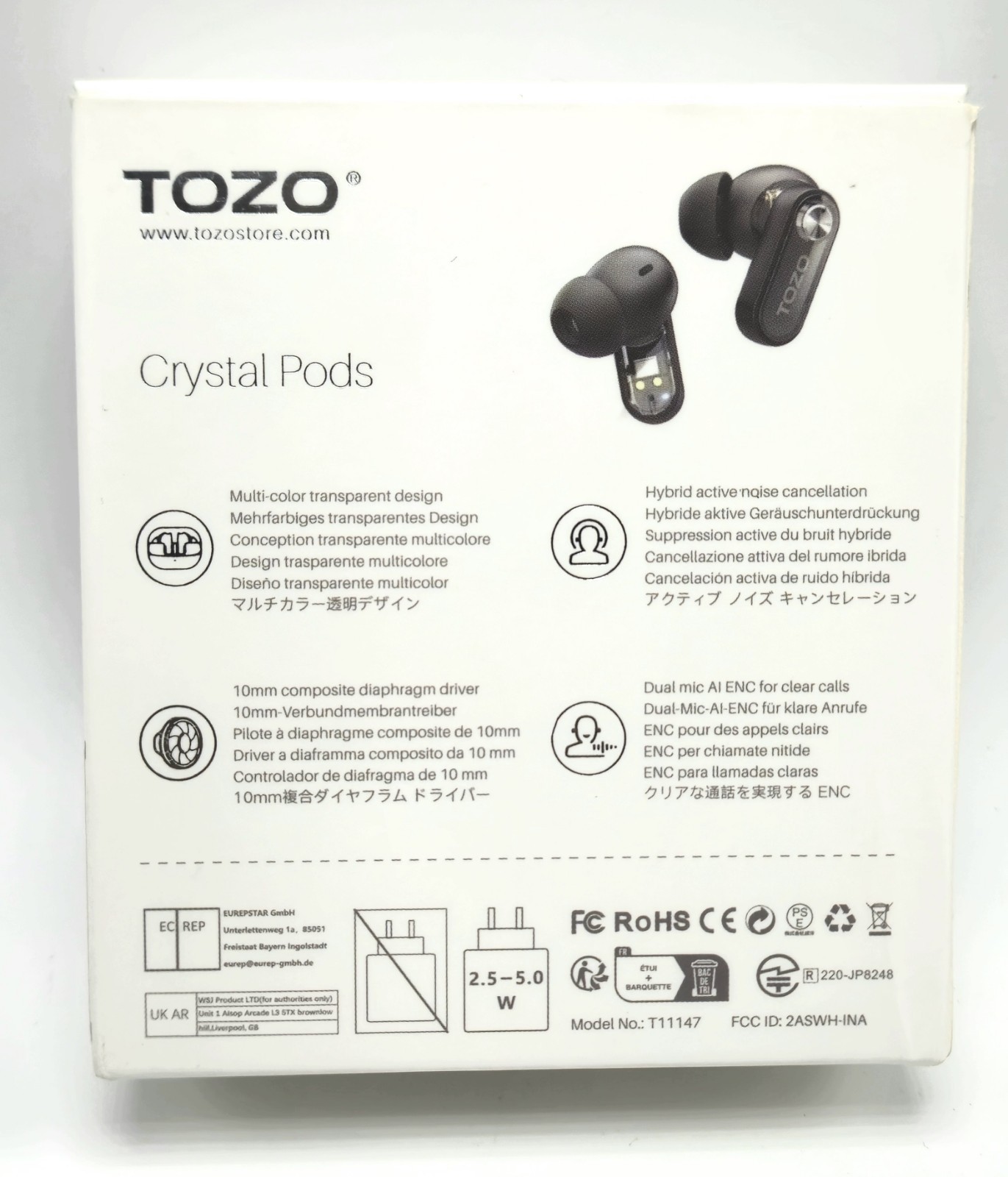 Black Crystal Pods Hybrid Active Noise Cancelling Wireless Earbuds TOZO 10mm Dri