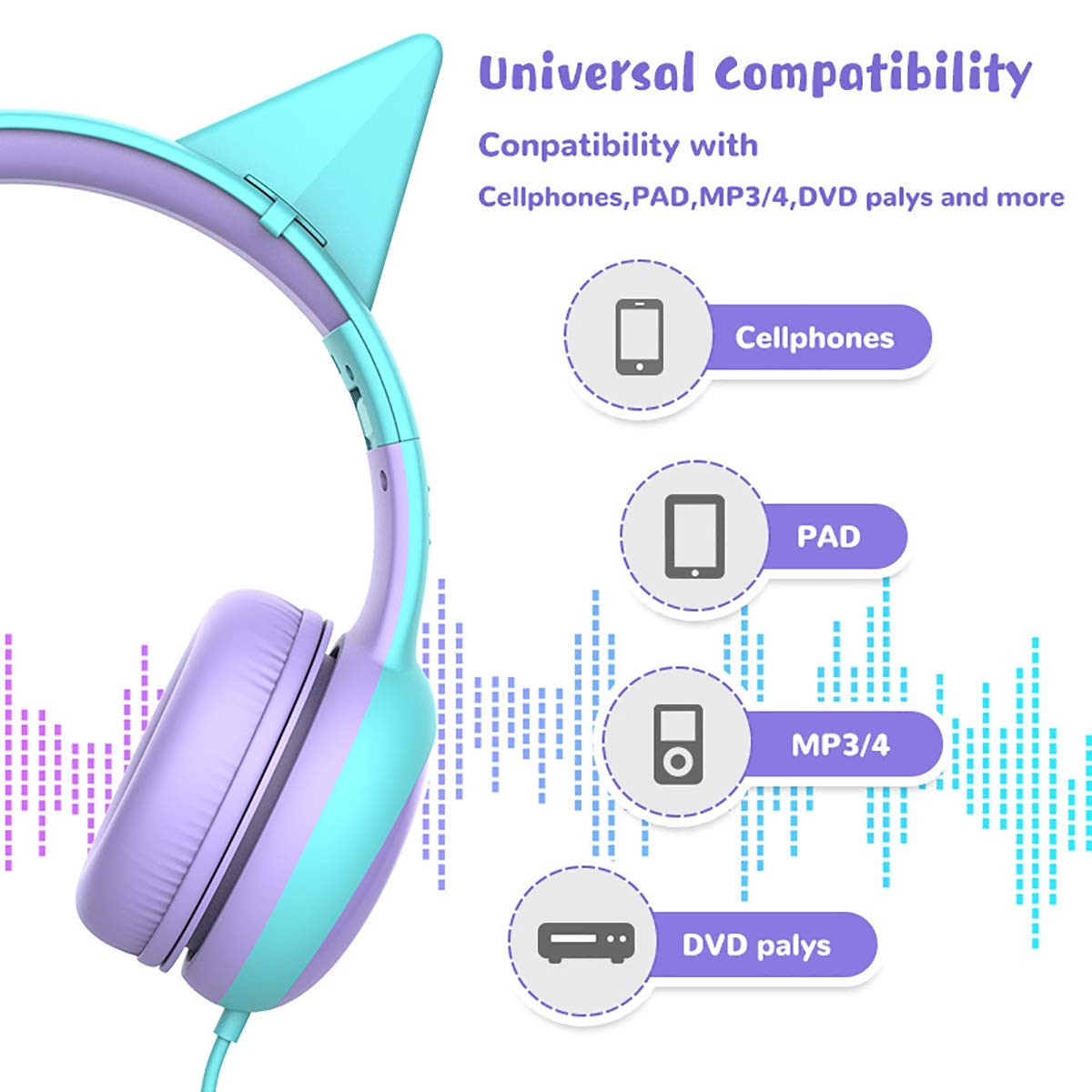 Kids Headphones with Limited Volume, Cat Ear Toddler Headphones, Wired Headph…