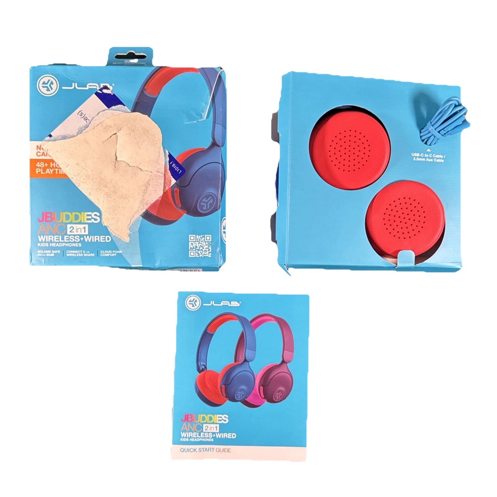 JLab JBuddies ANC 2-in-1 Wireless Wired Kids Headphones Blue Red Open Box