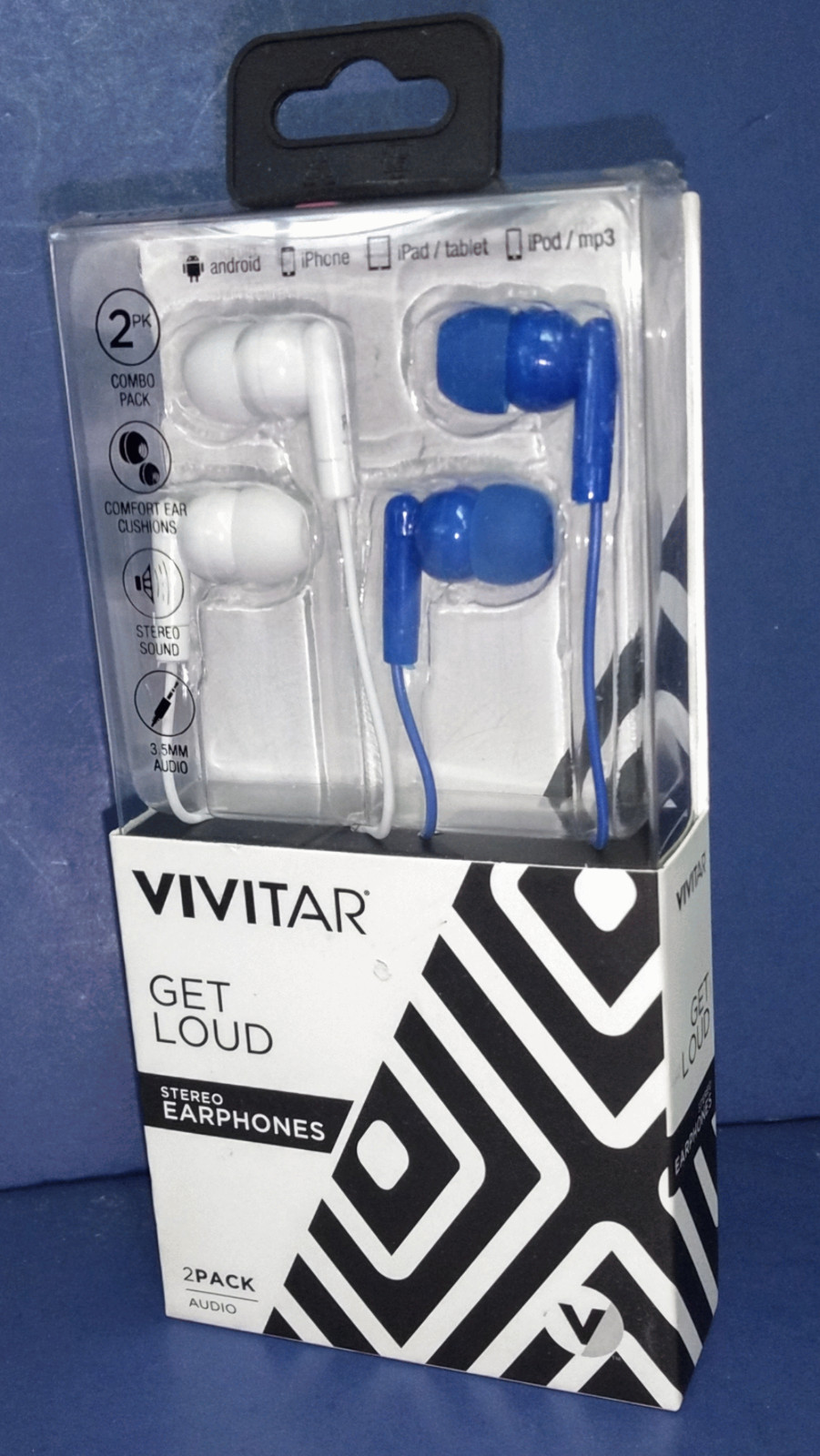 Vivitar Get Loud Stereo Audio Earphones 2 Pack Blue White iPhone iPad iPod