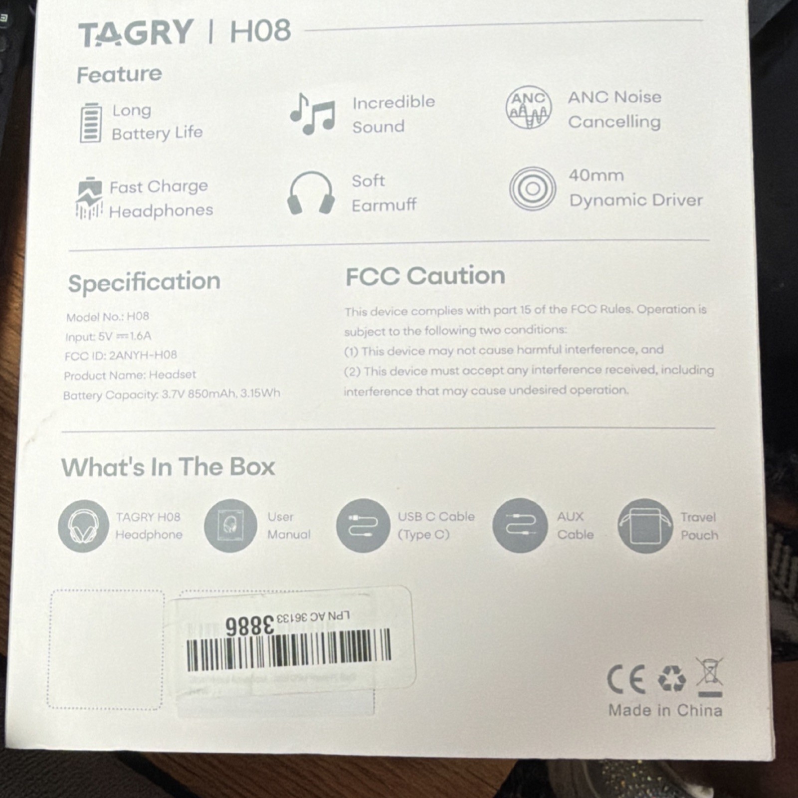 TAGRY H08 ANC Over-Ear Bluetooth Headphones Fast Charge 40mm Black 3.5mm