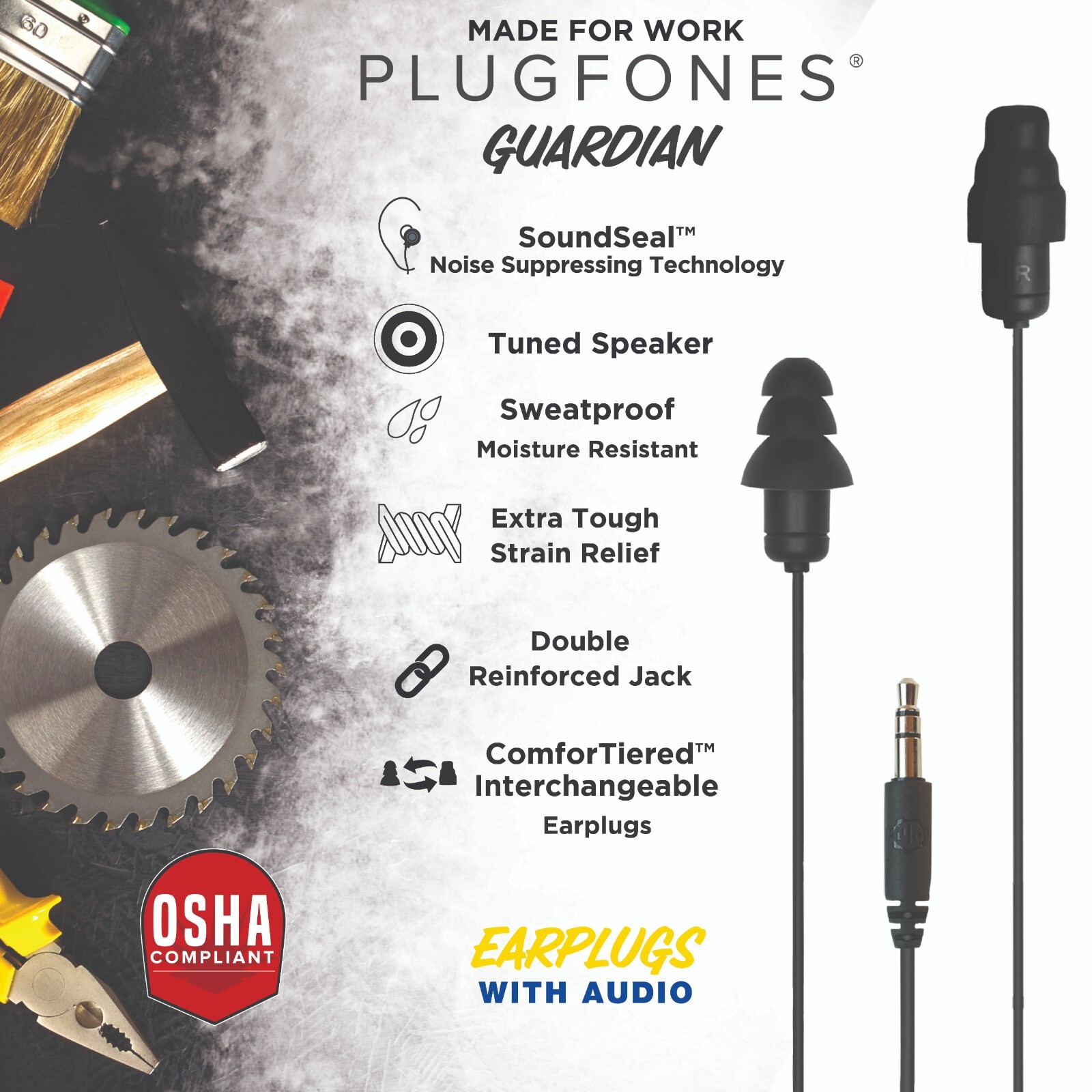 Plugfones Guardian Ear Plugs with Audio Earplug Workout GYM Headphones