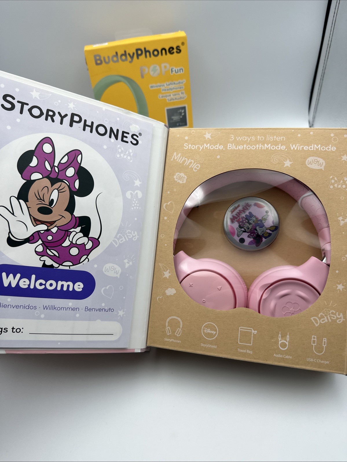 3 Pairs – Disney Story Phones & Buddy Phones Pop Headphones Kids Blue Pink Green