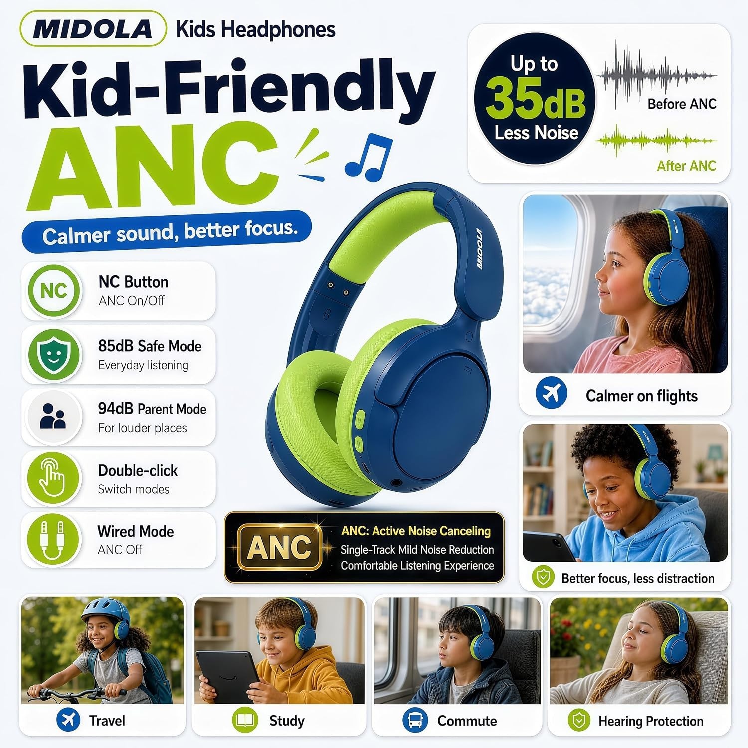 Safe Volume Kids Bluetooth Headphones – Active Noise Cancellation & Lightweight