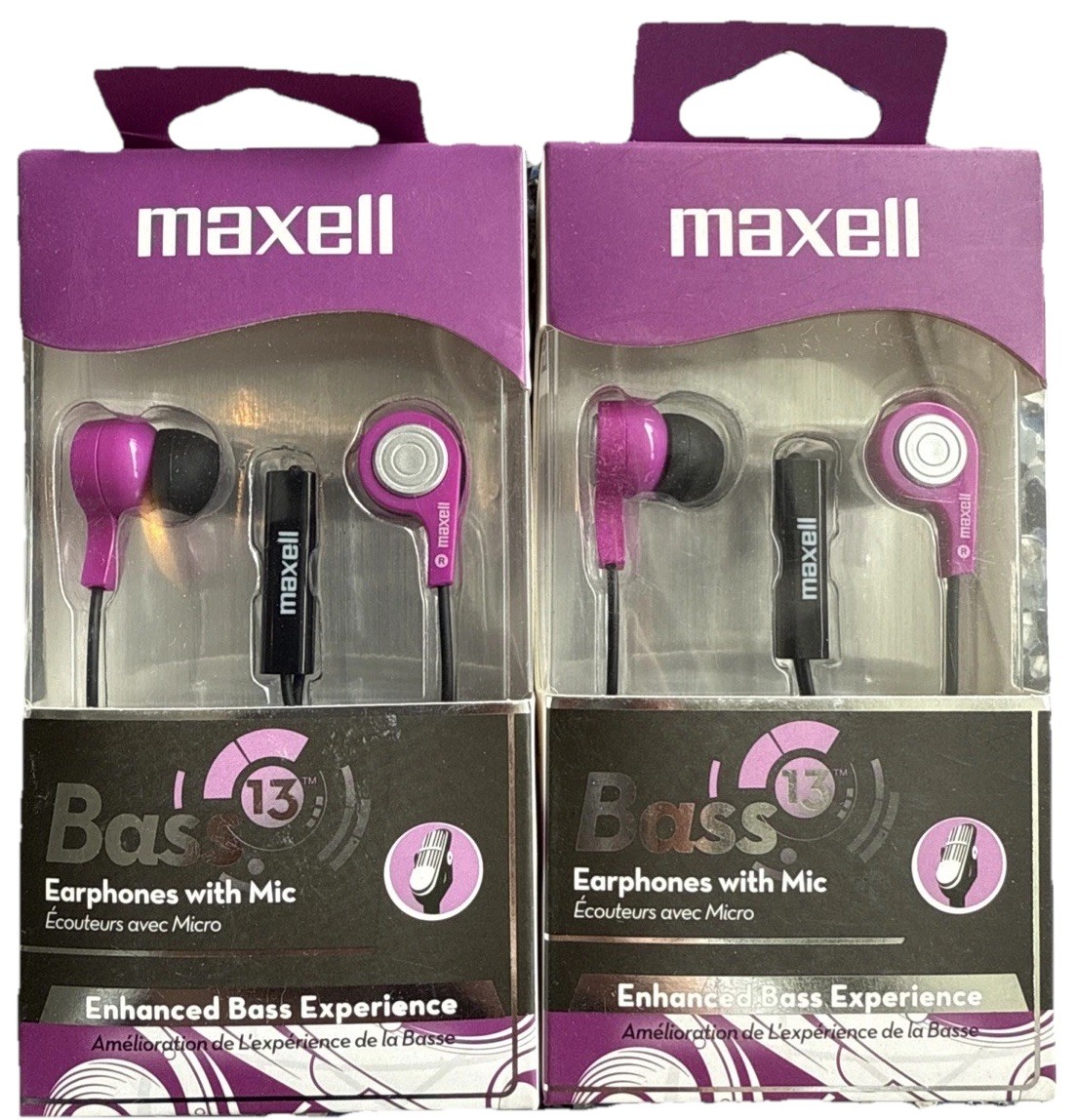 Maxell 199730 Bass 13 Heavy-Bass in-Ear Earbuds with Microphone (Purple). 2 Pack