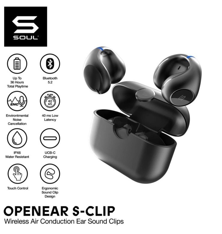 Soul Open-Ear Earbuds S-Clip On Earphones with Air Conduction 36H Playtime