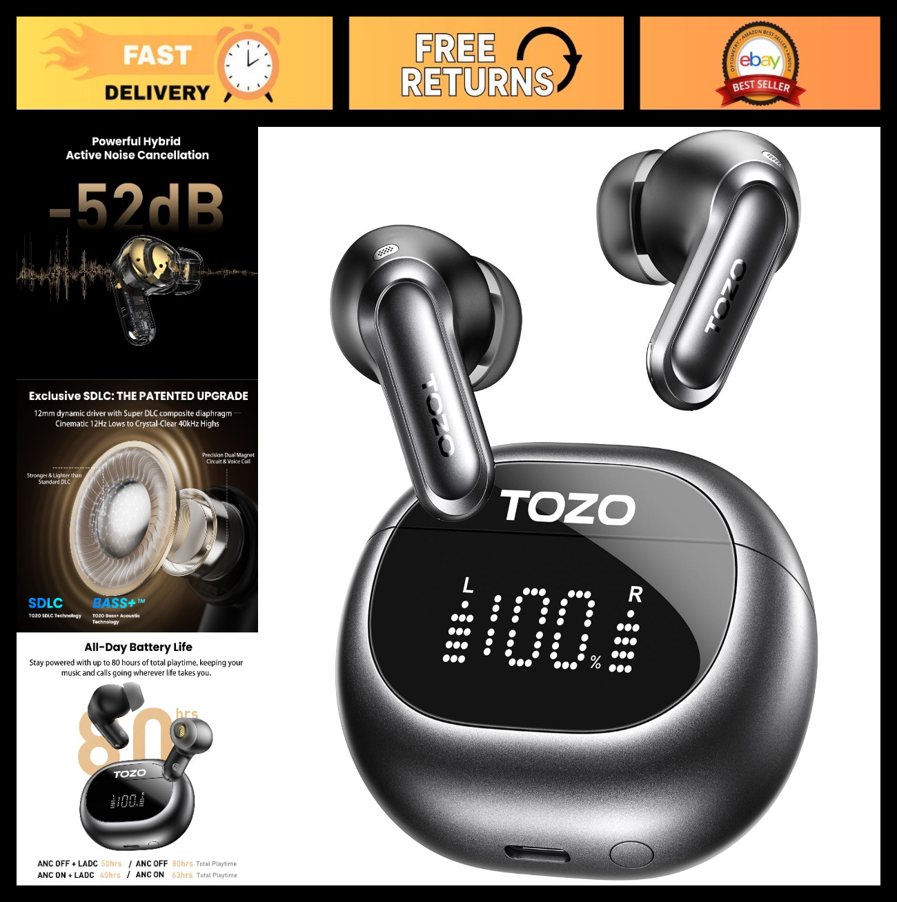 Active Noise Cancelling Wireless Earbuds, Hi-Res LDAC Sound, 80H Playtime, IPX8