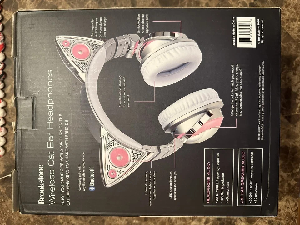 Brookstone Ariana Grande Wireless Cat Ear Headphones Limited Edition Bluetooth