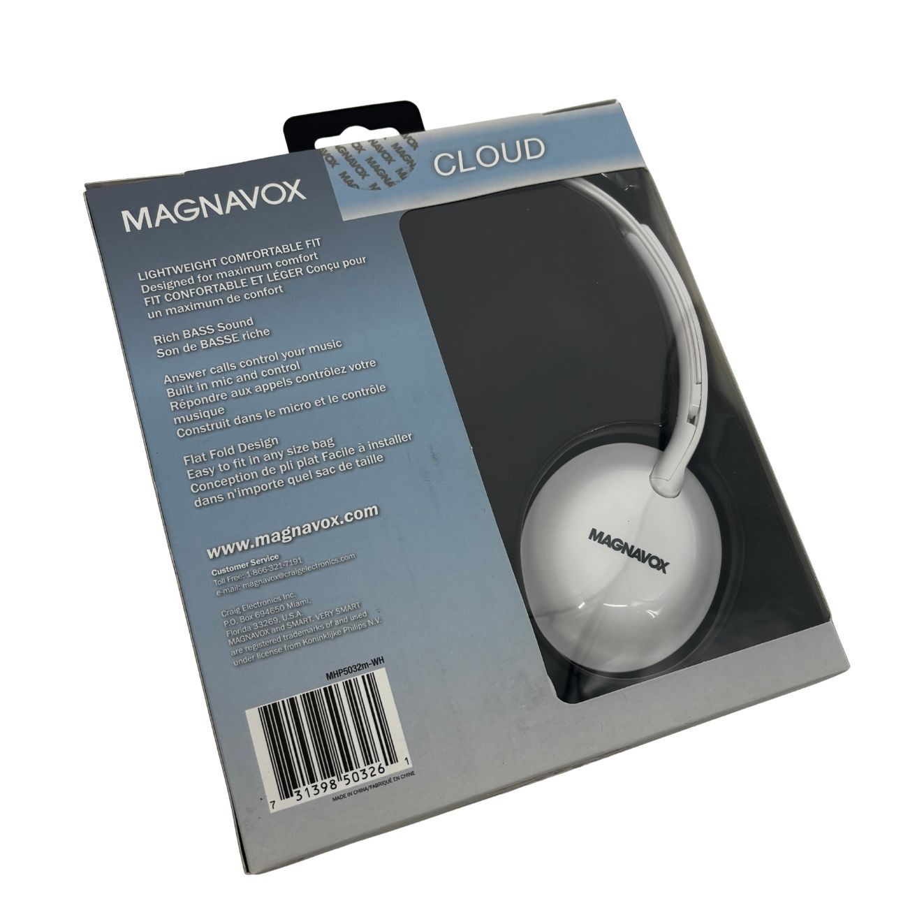Magnavox Cloud Headphones Lightweight Rich Bass 3.5mm Stereo, White. NEW