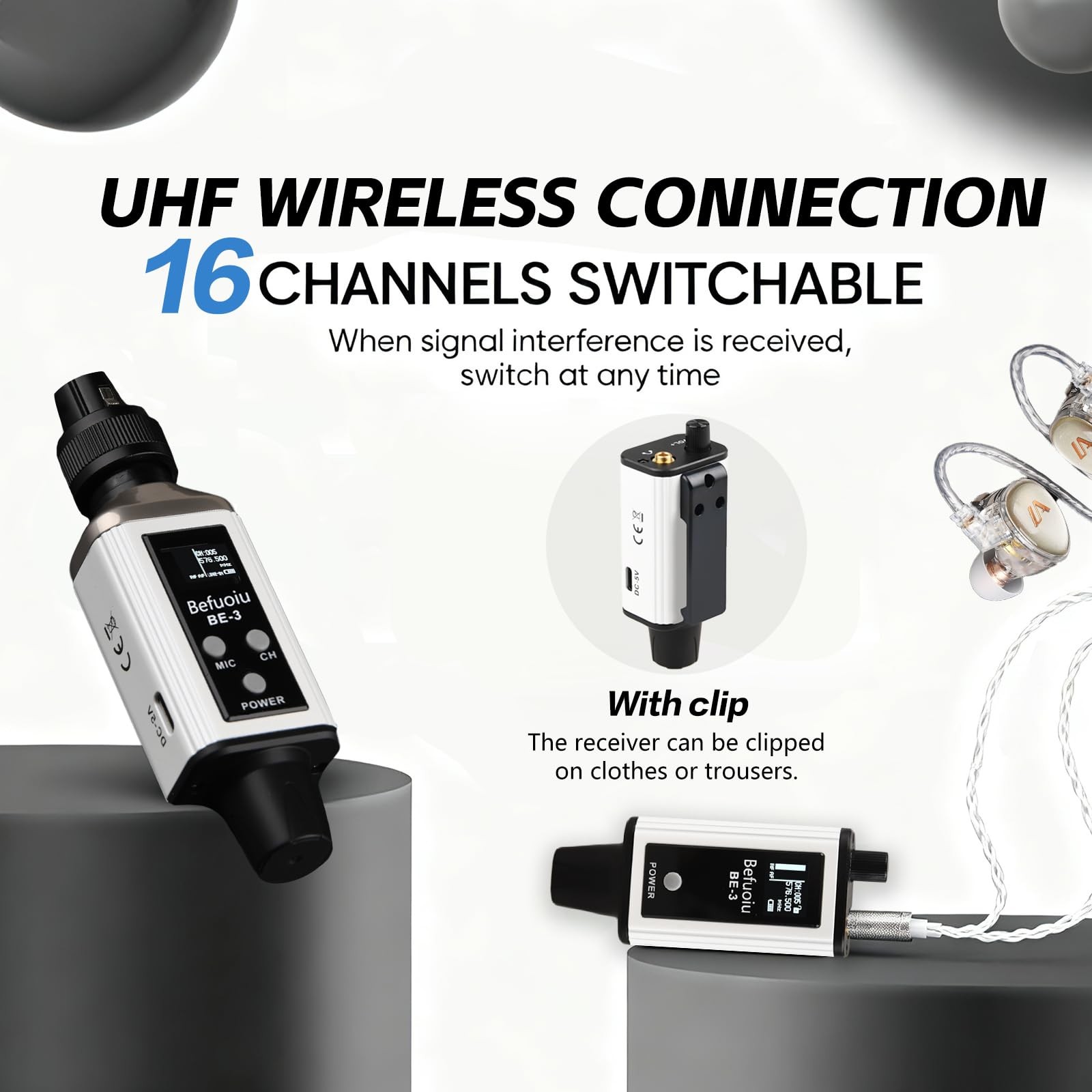 UHF Wireless In Ear Monitor System with Pro Earphone, Metal 1 White