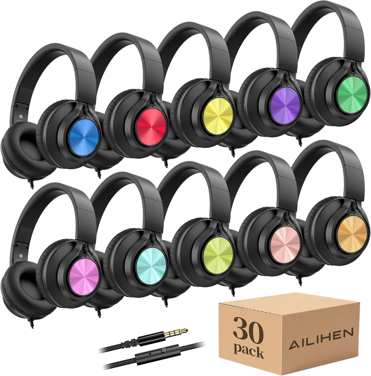 30 Pack Classroom Headphones with HD Mic – Colorful Wired for K-12 Students