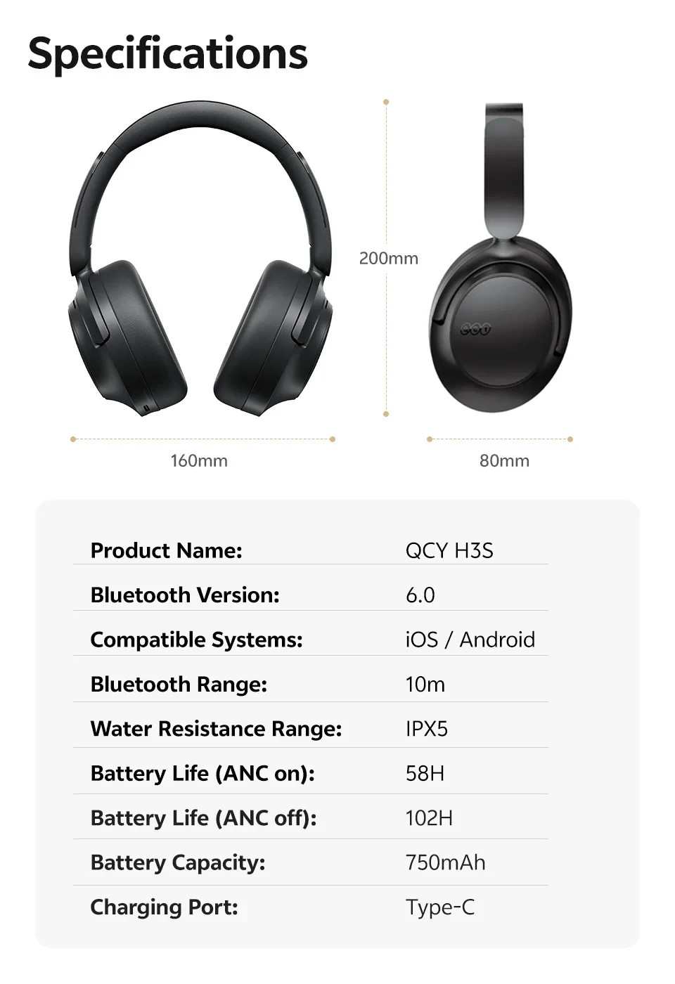 QCY H3S ANC Bluetooth 6.0 Headphones Hi-Res LDAC 102H Wireless Headset
