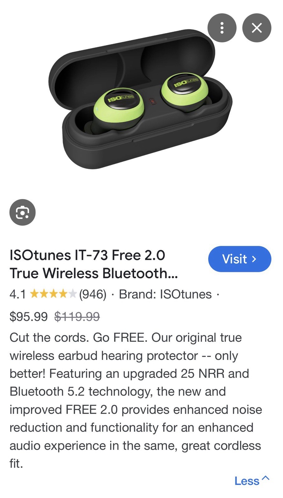 ISOtunes IT-73 Free 2.0 True Wireless Bluetooth In-Ear Earbuds Black/Green
