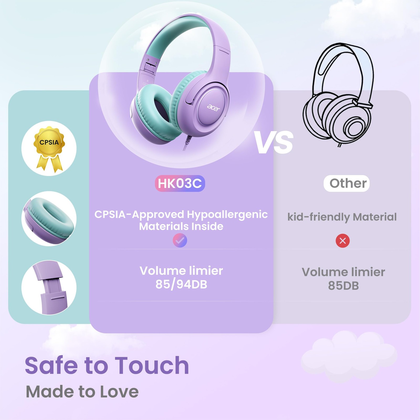 Acer USB-C Kids Headphones – 85/94dB Safe Volume Limited, Green-Purple