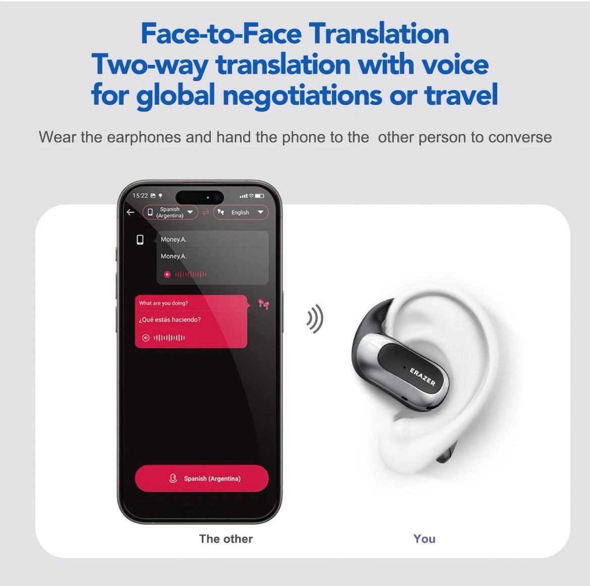 ERAZER X5 AI Translator Earbuds, 3-in-1 Translator Headphones in 135 Language