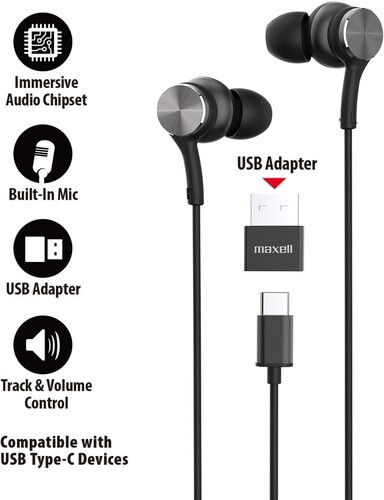 Maxell USBC-BLK Fusion X USB-C Wired Earbud with Mic Black [New Headphone]