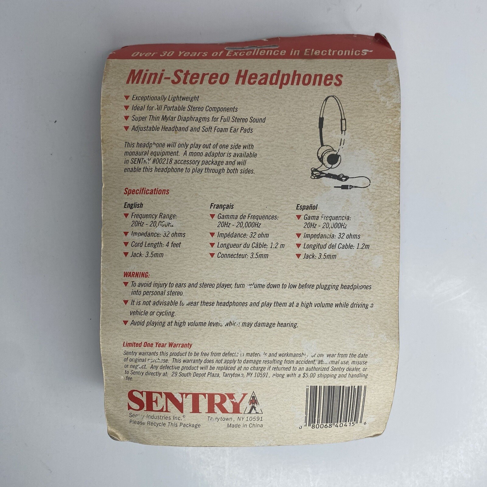 Vintage 1980’s New Sentry Mini Stereo Over-Head Headphones H0415