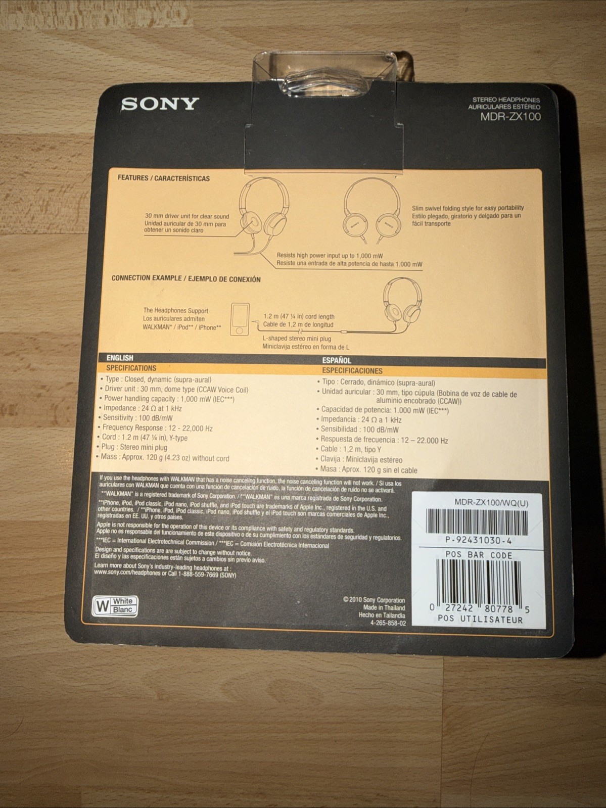 Sony MDR-ZX100 On-Ear Headphones White Closed Back Stereo Foldable 3.5mm L-Plug