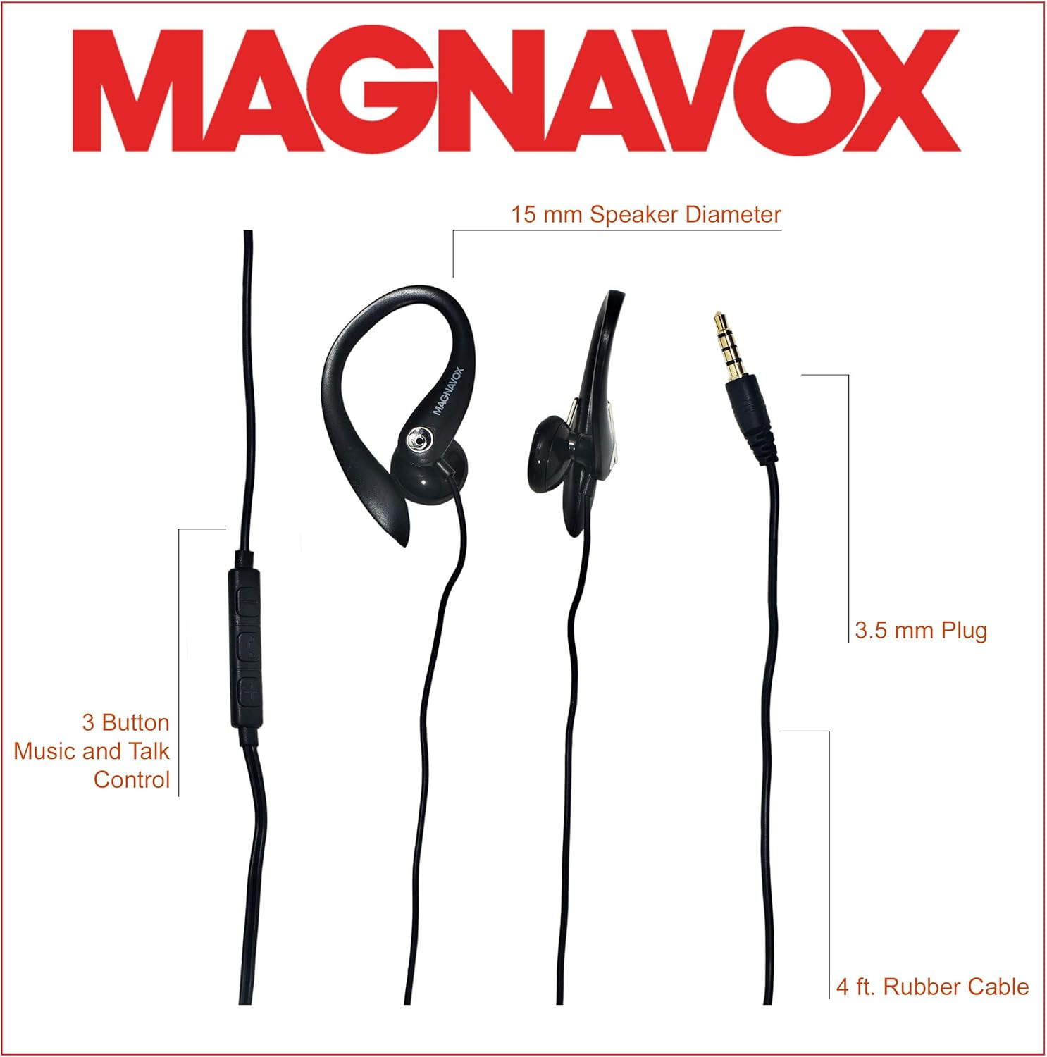 MHP4854-BK Earhook Earbuds with Microphone in Black | Available in Black & White