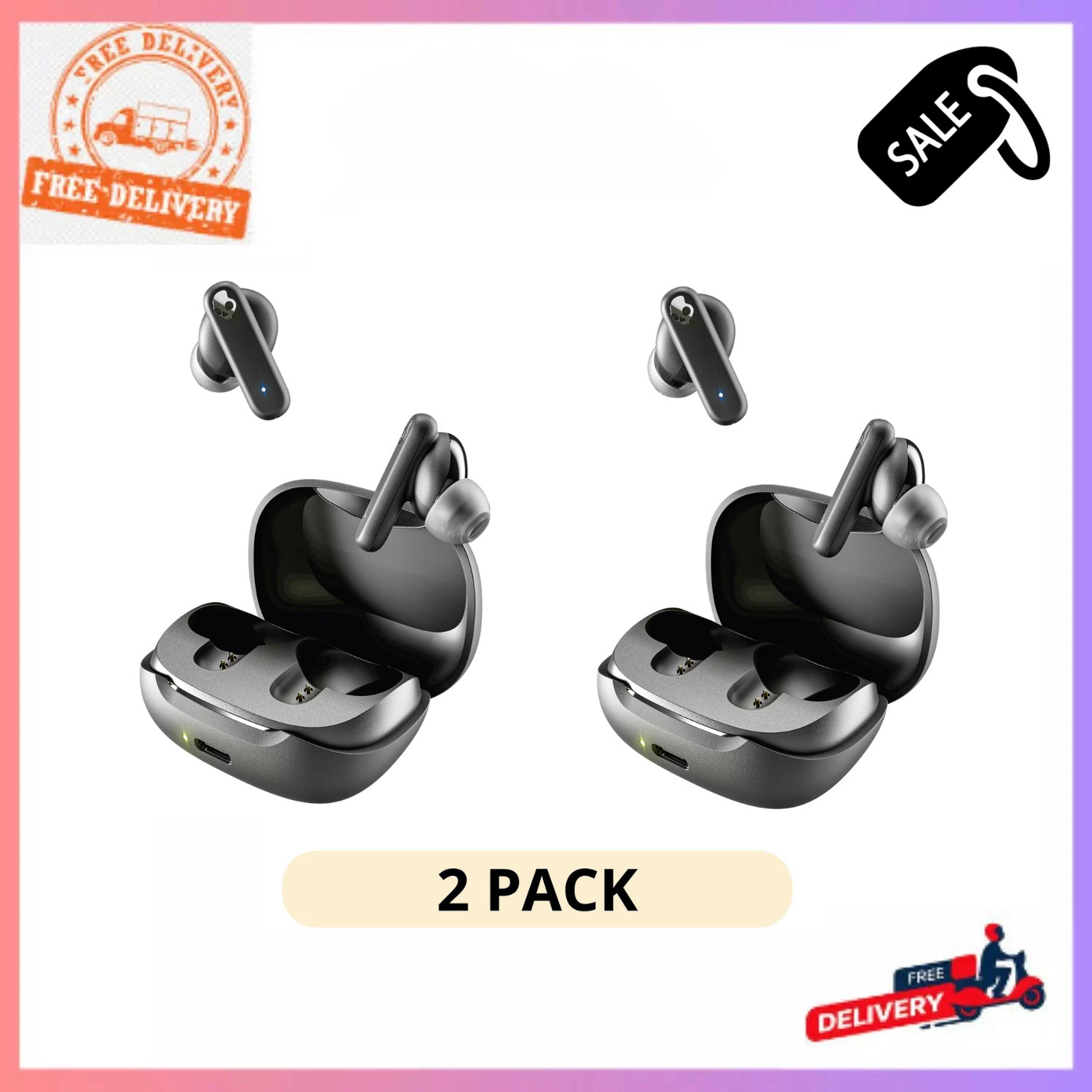 2 Pack Skullcandy Smokin’ Buds XT True Wireless in-Ear Earbuds, Black