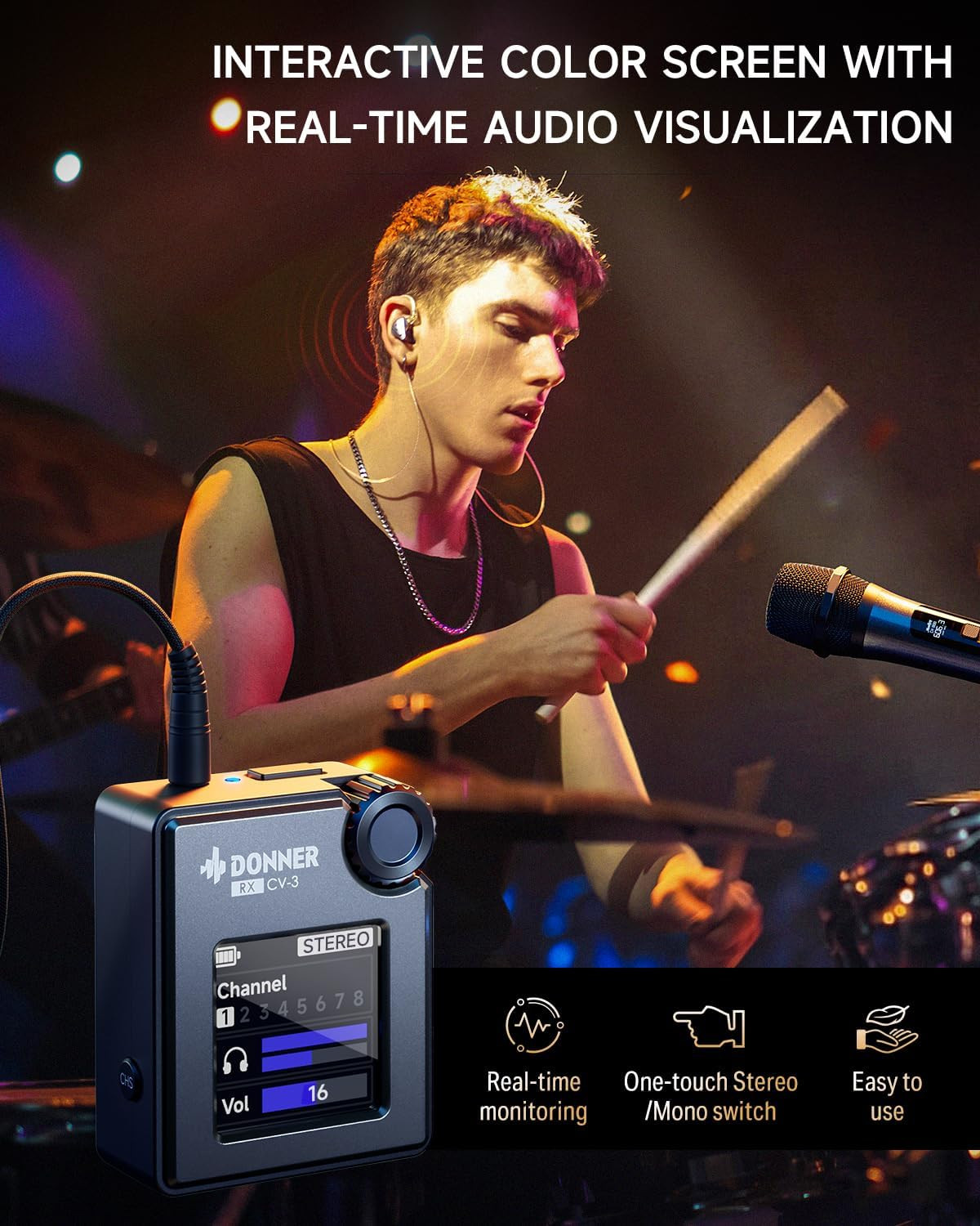 Wireless in Ear Monitor System, Stereo IEM System with Transmitter, Beltpack Col
