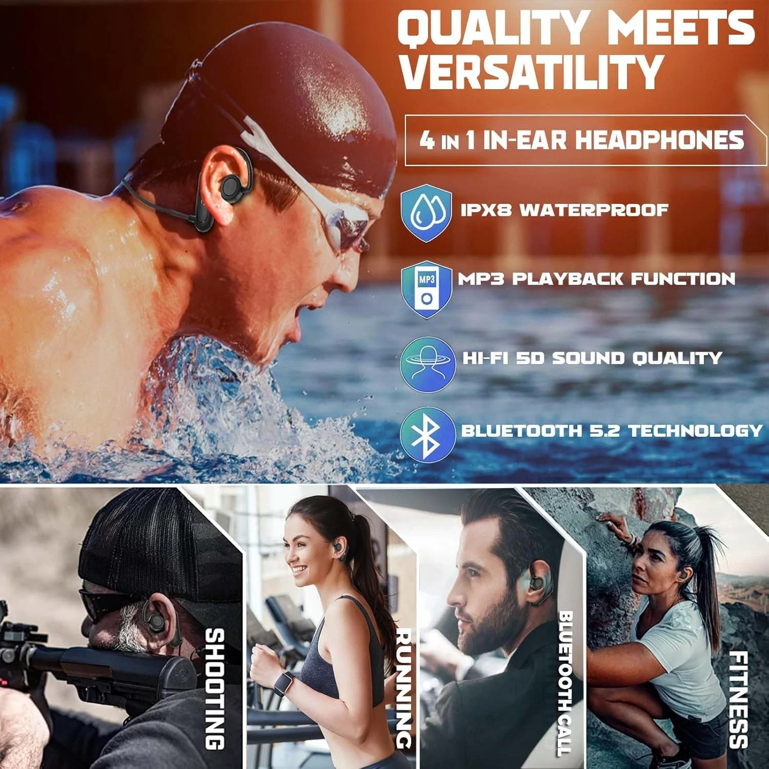 Swimming Headphones, IPX8 Waterproof Earbuds with 32GB MP3 Player Bluetooth 5