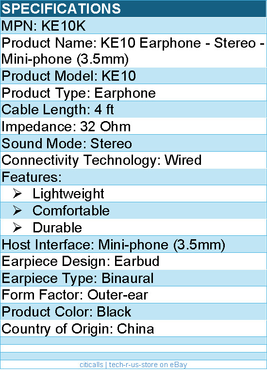 Koss KE10K Earphone – Stereo – Mini-phone (3.5mm) – Wired – 32 Ohm – Black