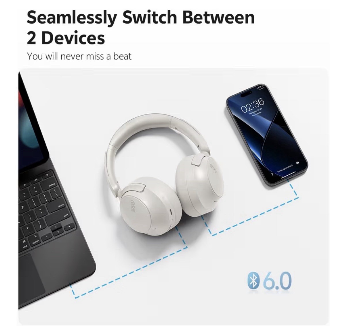 QCY H3S Wireless Bluetooth OverEar Headphones with 56Db Hybrid ANC 102H Playtime