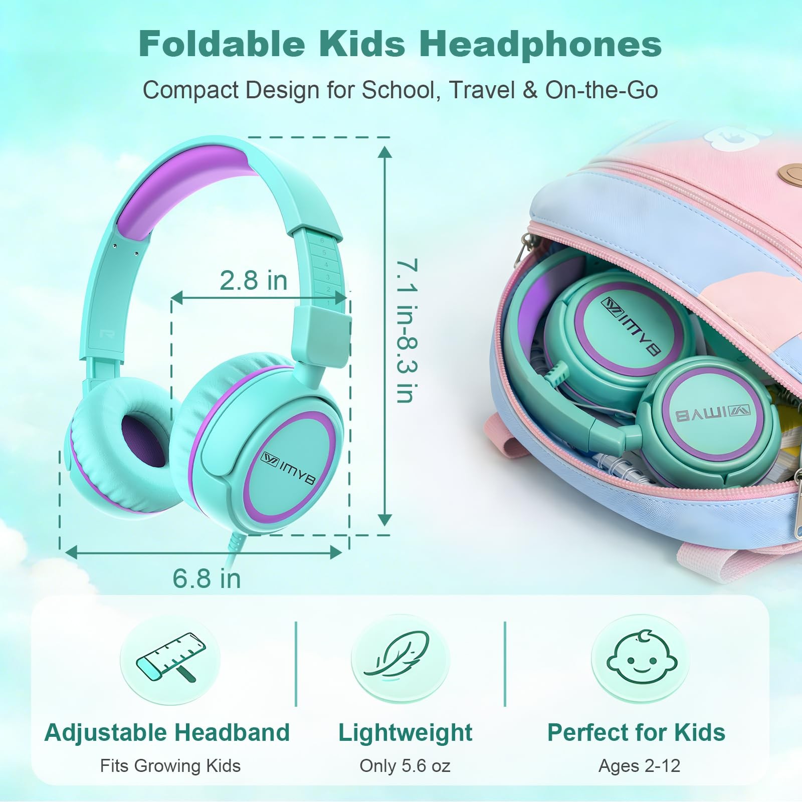 V1 Kids Headphones, 85dB Safe Volume for School, Toddler 2-12, Adjustable Fol…