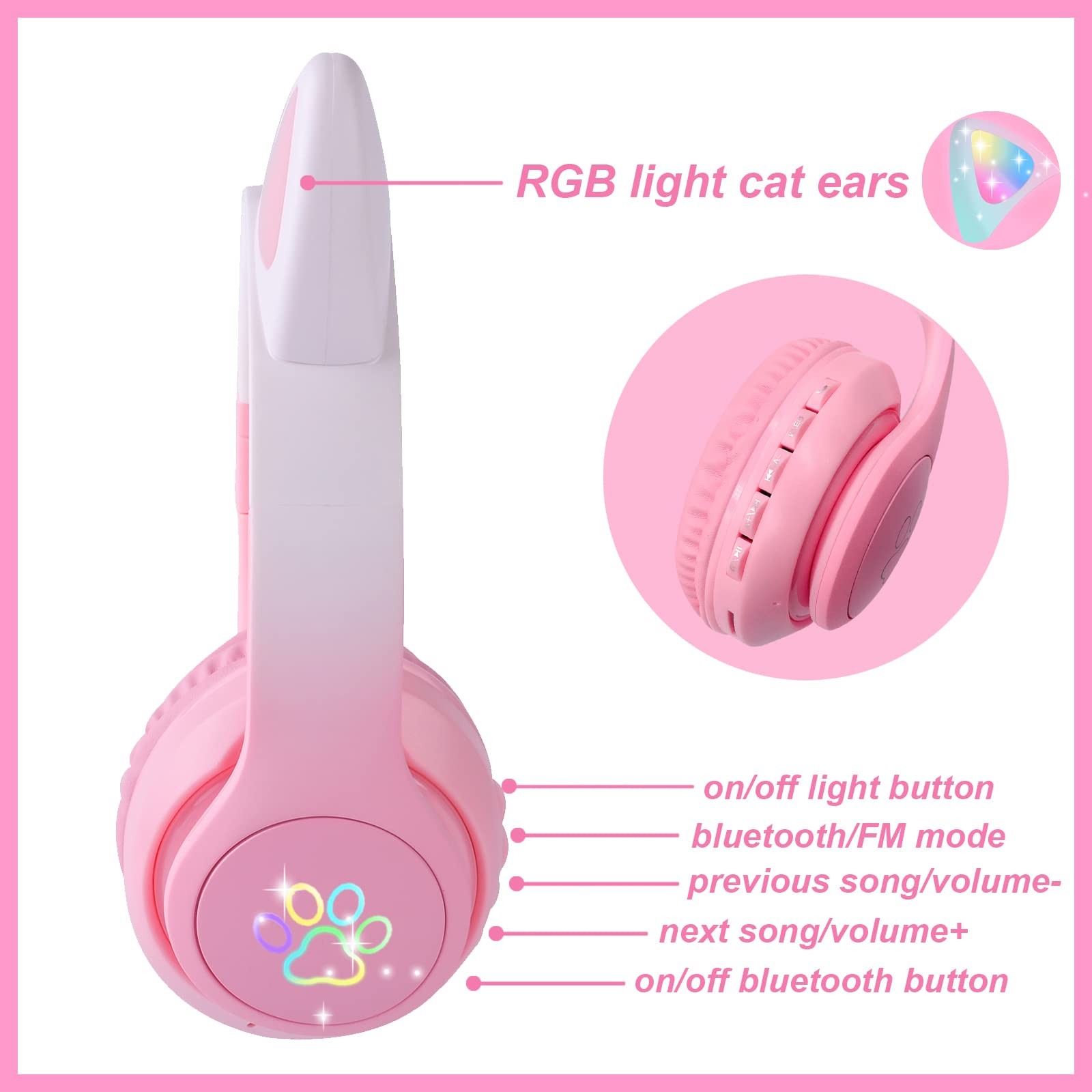 KORABA Cat Ear Kids Headphones Bluetooth, LED Light up mediun, Pink