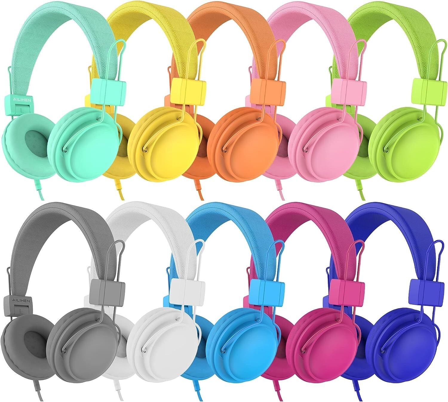 AILIHEN Kids Headphones Bulk 10-Pack for School Classroom K-12, On-Ear Wired Hea