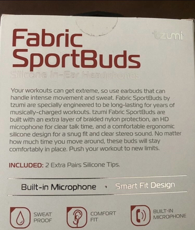 Tzumi Fabric SportBuds Black Earphones Comfort Fit Built In Microphone Wired New