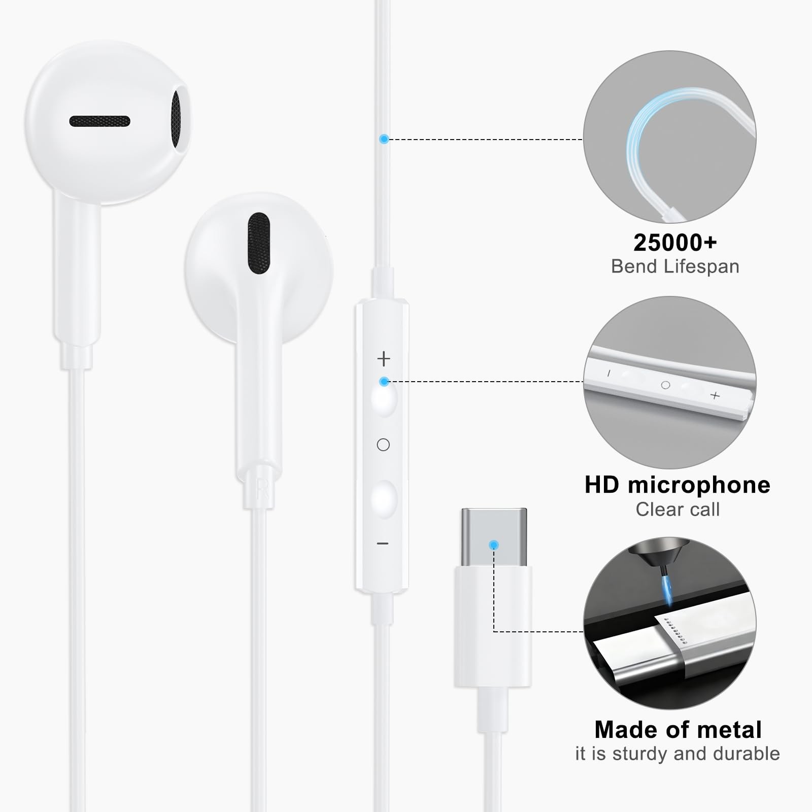 2 Pack USB C Wired Earbuds for iPhone 17/16/15 Pro Max Plus Standard, White