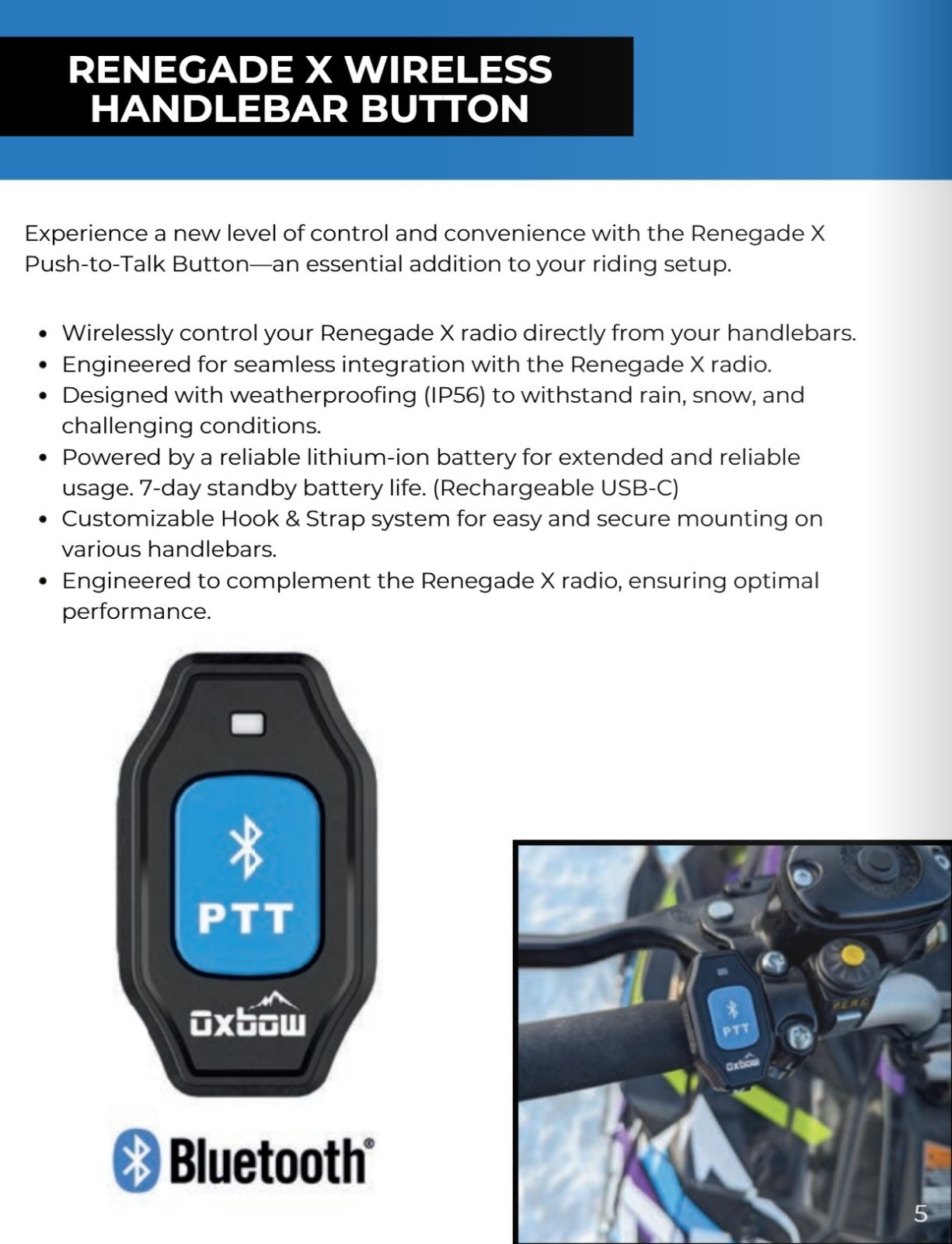 Oxbow Renegade X Handlebar Button, Bluetooth Radio Push To Talk Switch, RD1025