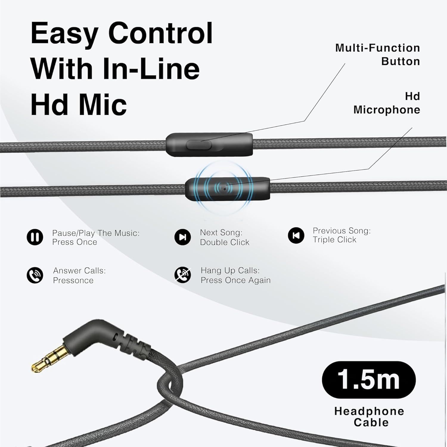 Wired Headphones Over-Ear Hi-Fi Sound with Microphone Adjustable Foldable, 1.5M