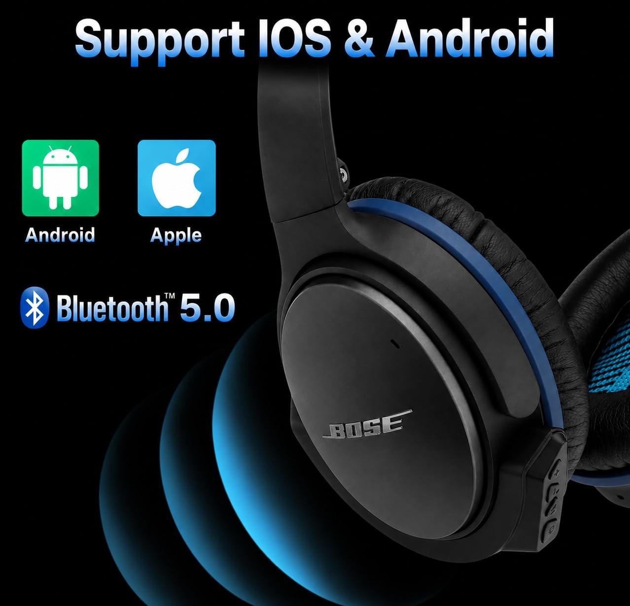 aptX Wireless Bluetooth Adapter for QC25 Headphones – Mic & Volume Control, Blac