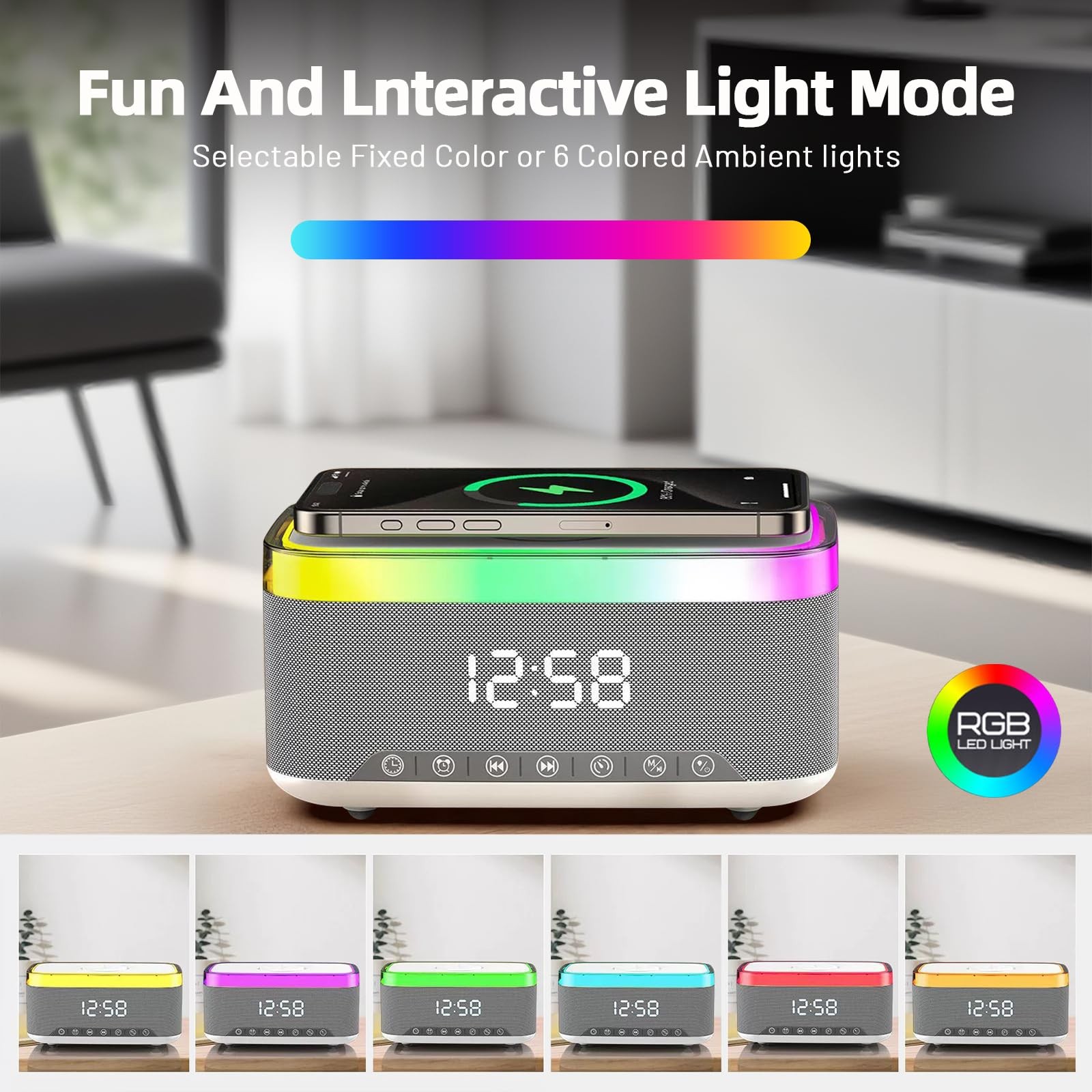 Bluetooth Speaker with Wireless Charging & Digital Clock, LED Display, 15W Qi…