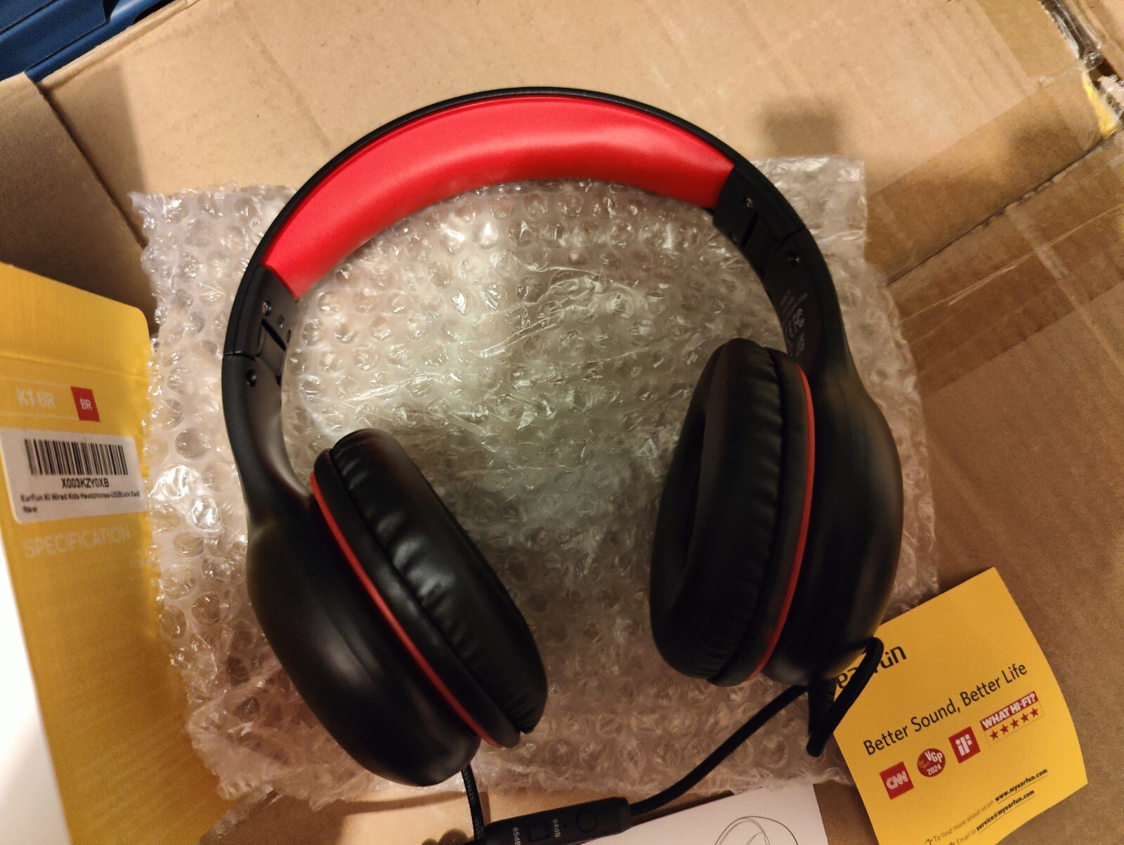 New EarFun Kids Headphones Wired with Microphone Red and Black