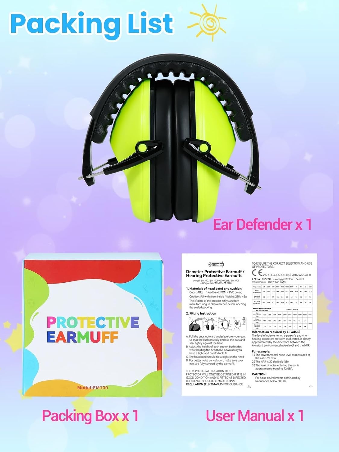 EM100 Noise Cancelling Ear Muffs for Kids & Adults – 27.4 dB Hearing Protection