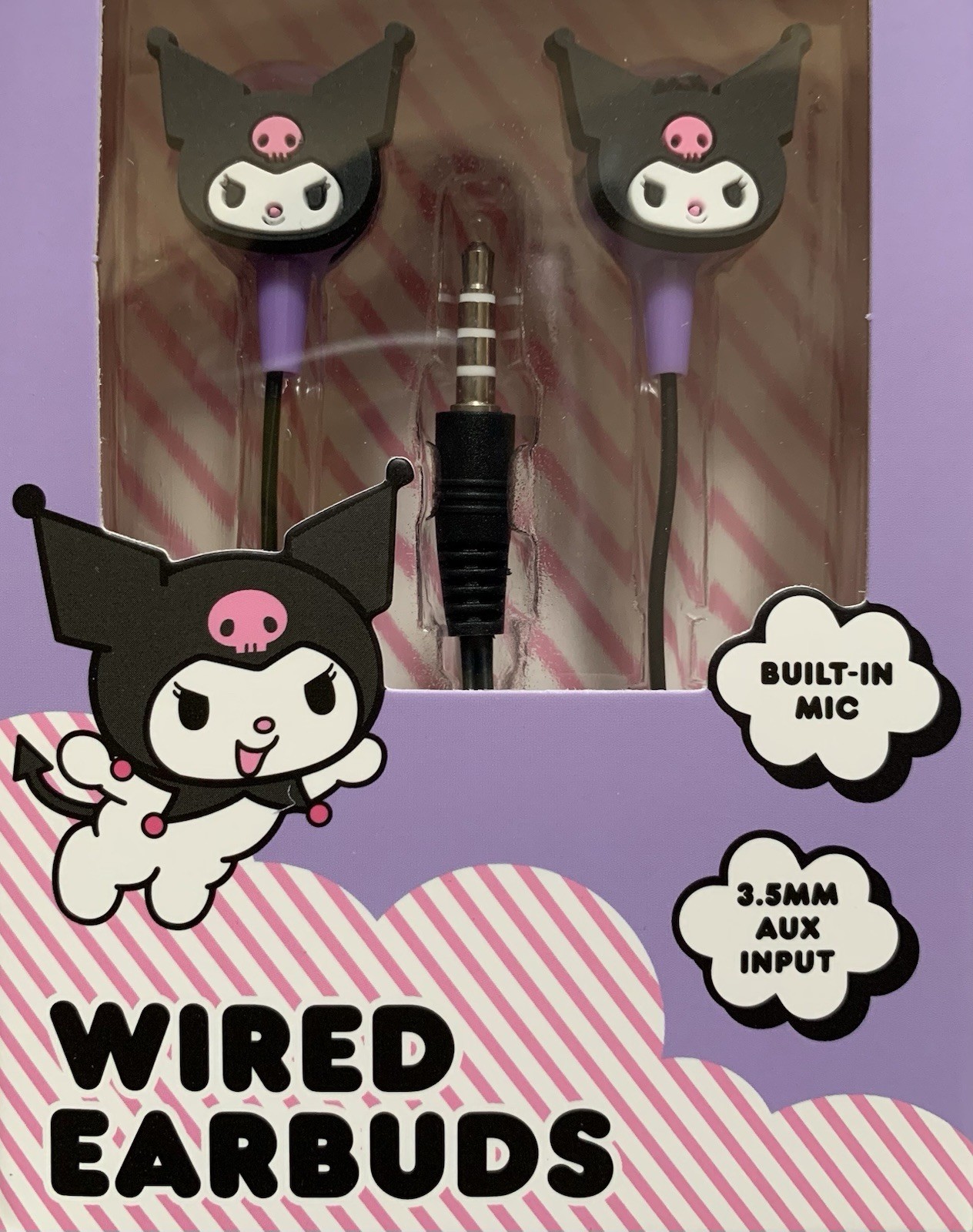 NEW Hello Kitty KUROMI Black Wired Earbuds w/Built-In Microphone/3.5mm Input