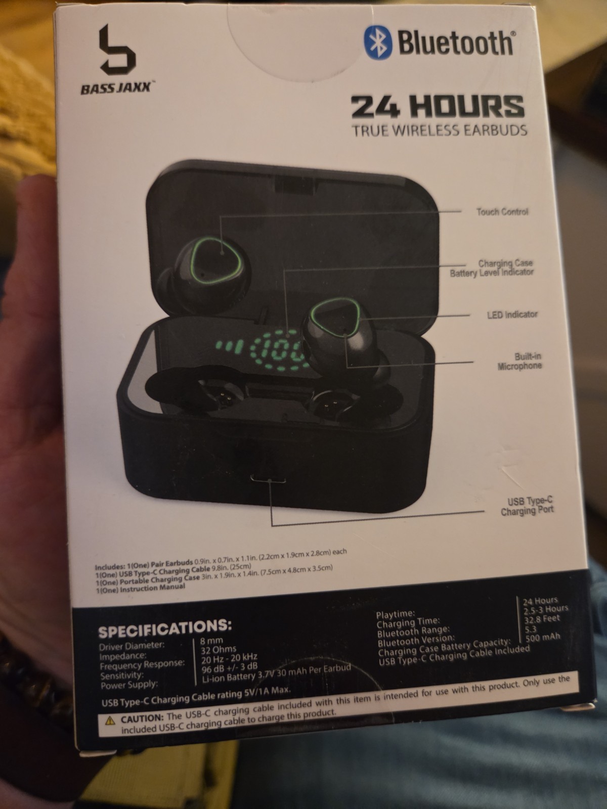 Bass Jaxx 24 Hours True Wireless Bluetooth Earbuds Black Touch Control w/ Mic