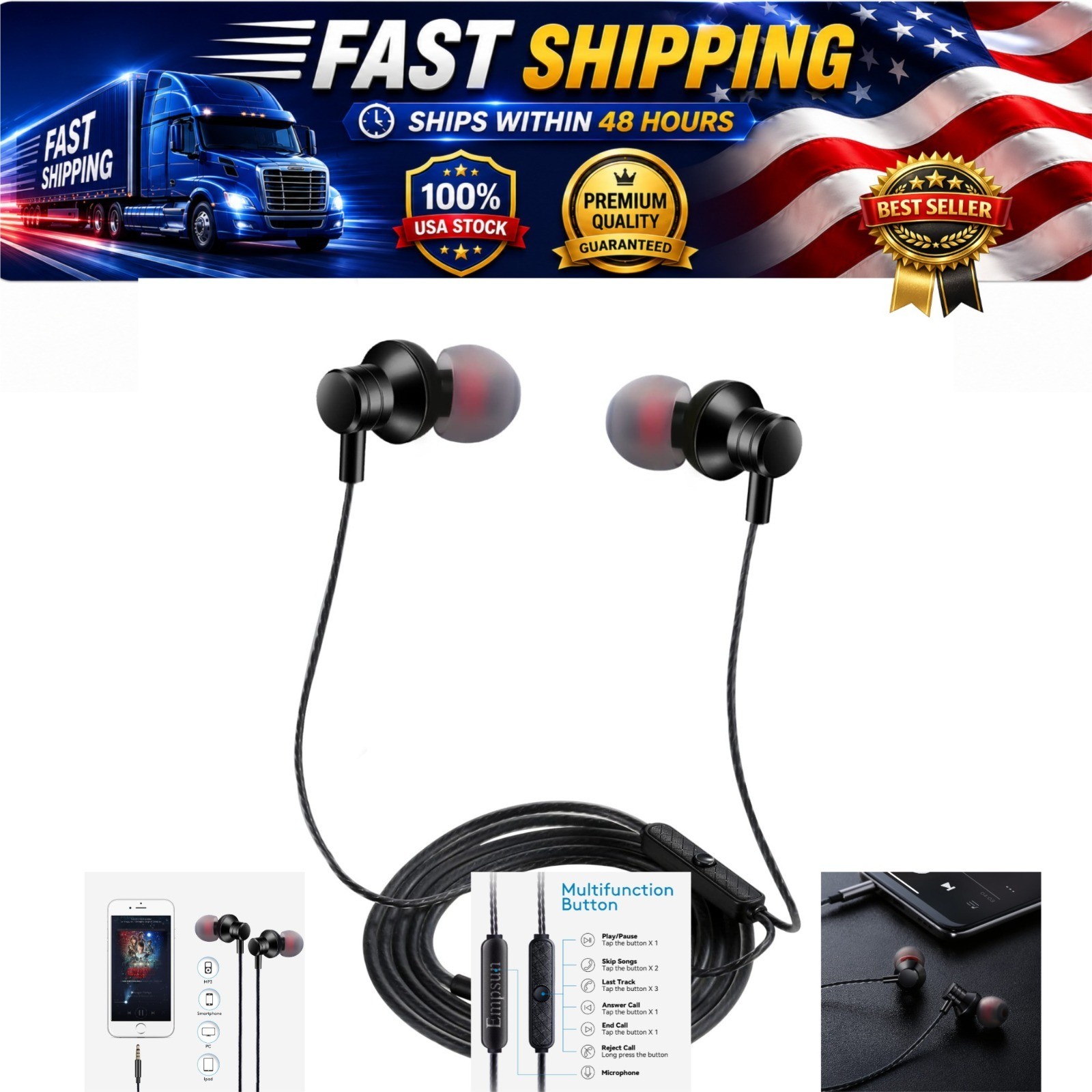 Empsun Wired Earbuds Headphones 3.5mm In-Ear Mic Black Noise Isolation