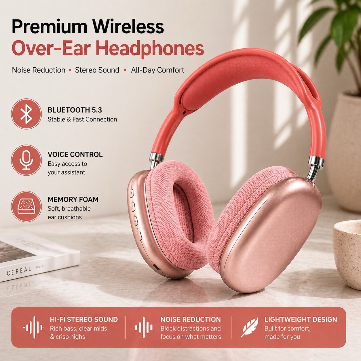 New P9 PRO MAX Headphones Noise Cancelling Bluetooth Earphones Red