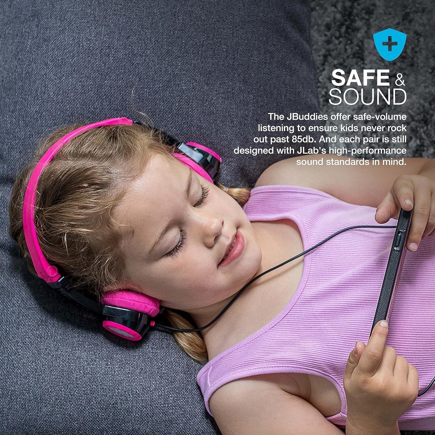JLab JBuddies Kids headphones with volume limit, black, foldable (Black/Pink)